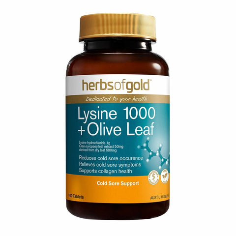 Herbs of Gold Lysine 1000 + Olive Leaf (100 Tabs)