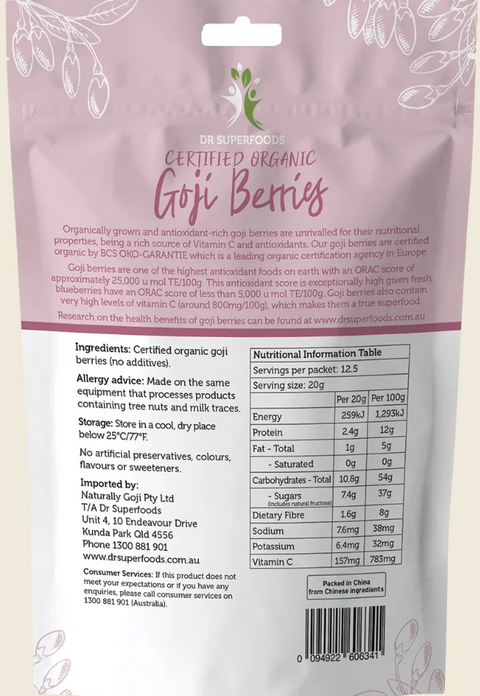 Dr DuperFoods  Dried Goji Berries Certified Organic 250g