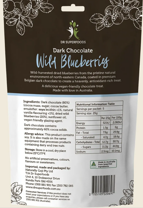 Dr Superfoods Wild Blueberries Dark Chocolate 125g